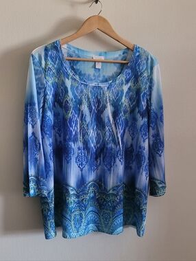 Chico's Gathered Scoopneck Bling Ikat Top, Women's XL, Blue, Green, & White